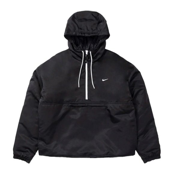 Nike Men's Solo Swoosh Satin Black Anorak 1/2 Zip Hooded Jacket - Picture 1 of 7